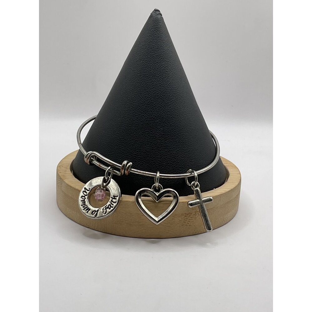 Woman Of Faith Silver-Tone Adjustable Bangle Bracelet With Heart & Cross Charms
